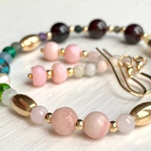 natural stone bracelet, garnet, pink opal, rose quartz, malachite, turquoise, pearl, agate, tourmaline, citrine